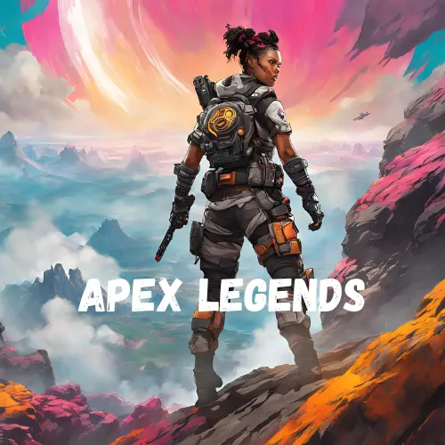 Iconic apex character standing on a hillside looking behind her