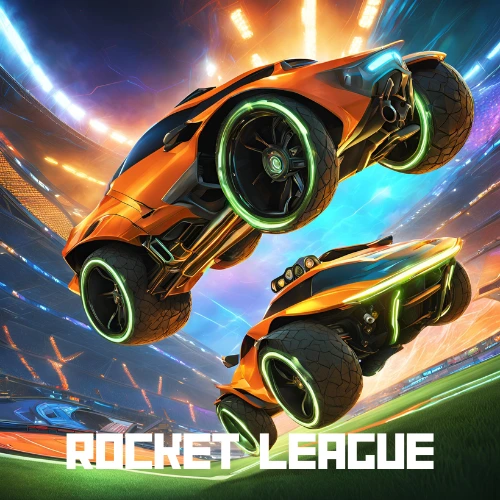 Iconic rocket league cars inside of the playing field