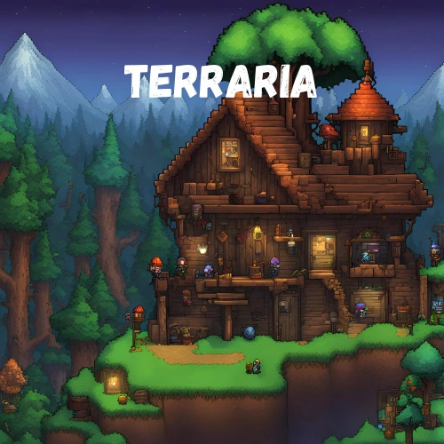 Terarria characters building a house on a mountain